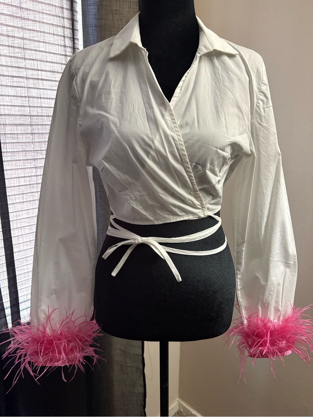 Fashion Nova White Wrap Crop Top with Pink Feather Cuffs